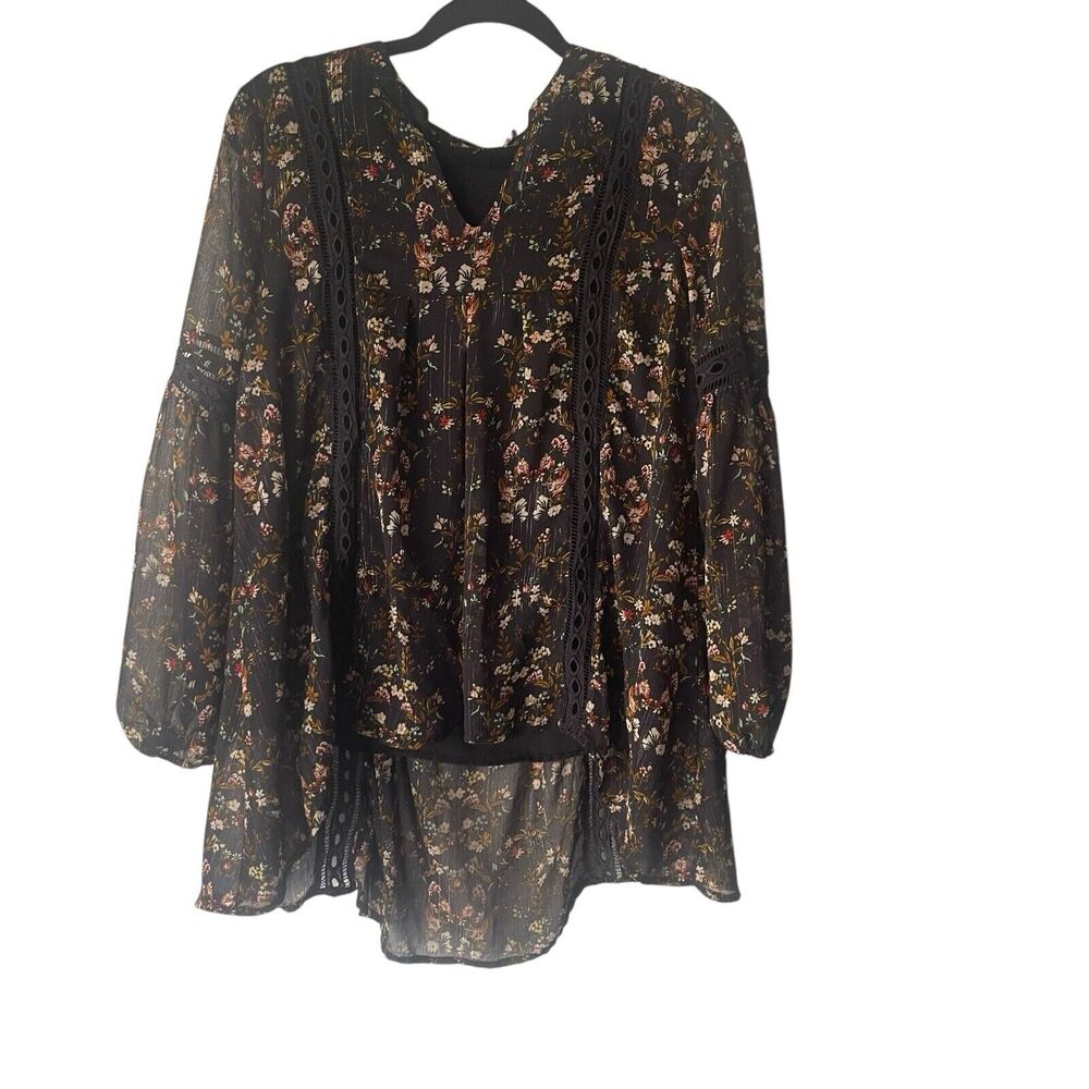 Blu Pepper Black Floral Crochet-Trim Peasant Blouse